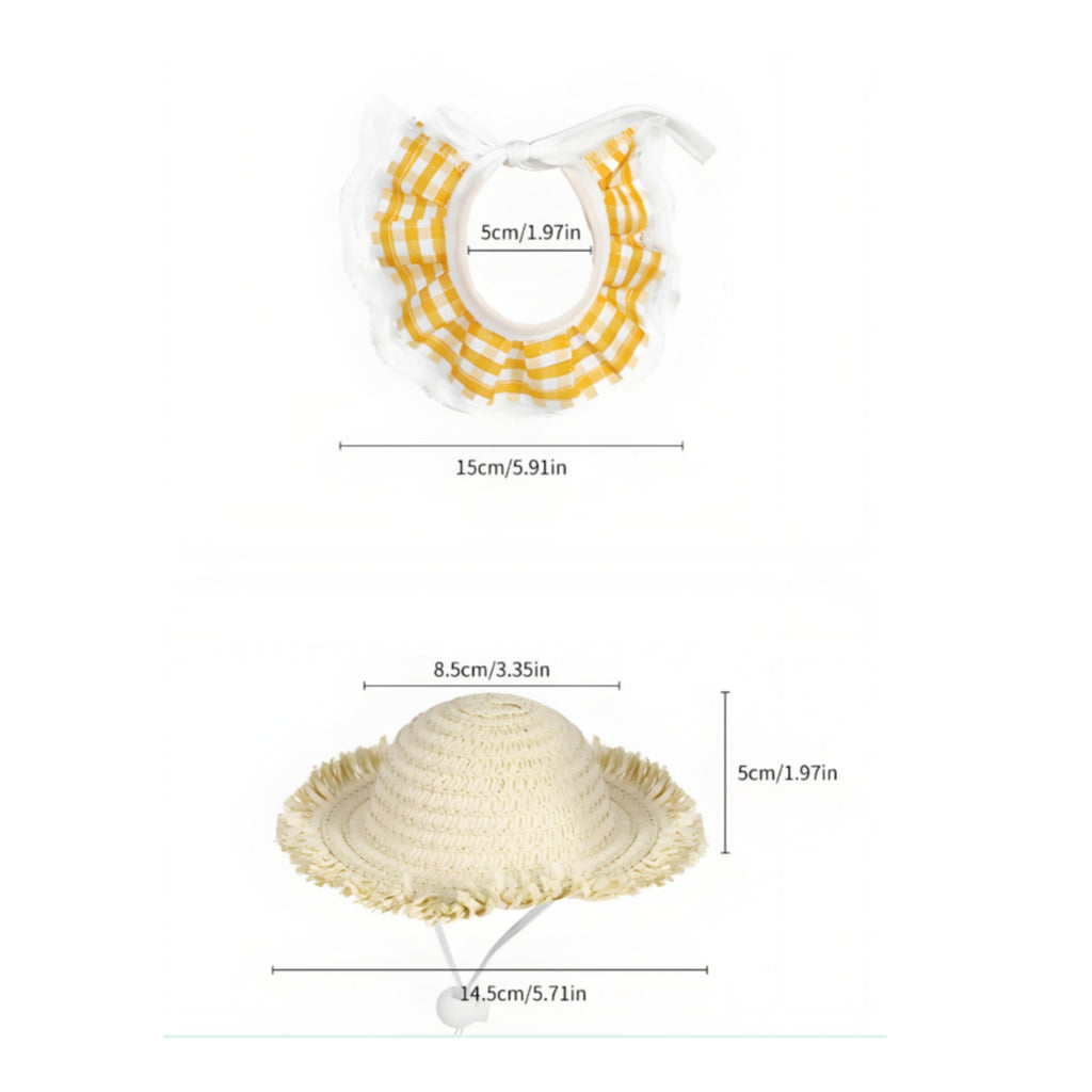 Pet Hat Set Wide Brim Woven Straw Collar Decorative