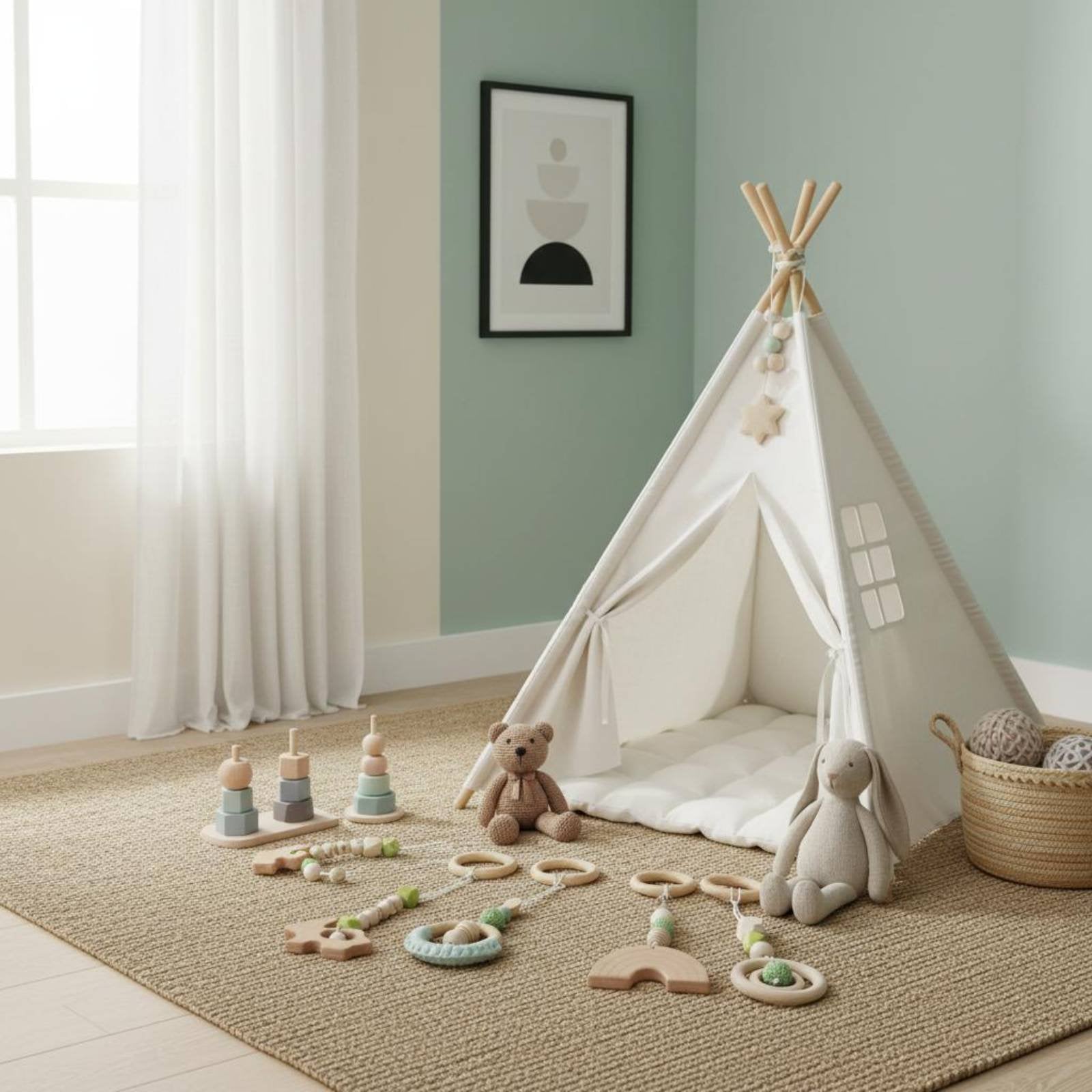 4 Pieces Wooden Baby Gym Toy Set Rainbow Wooden Infant Activity Gym for Crib