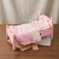Pink Wooden Doll Bed Curved Headboard Pretend Play Bed Four-Post Small Furniture Strawberry and Rabbit Print for Children