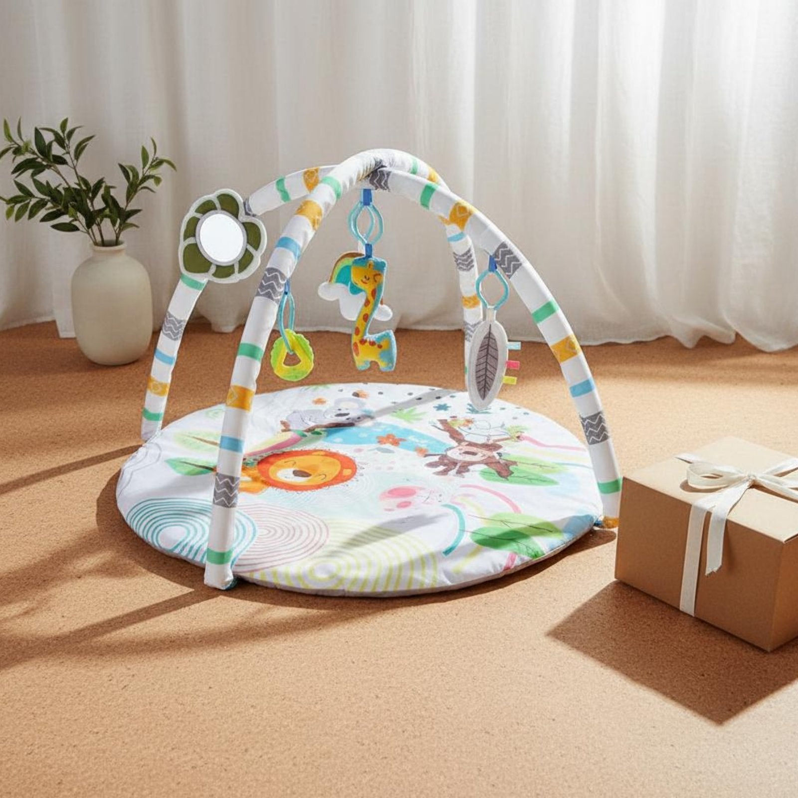 Infant Play Gym with Toys Sensory Stimulation Round Tummy Time Mat for Newborns