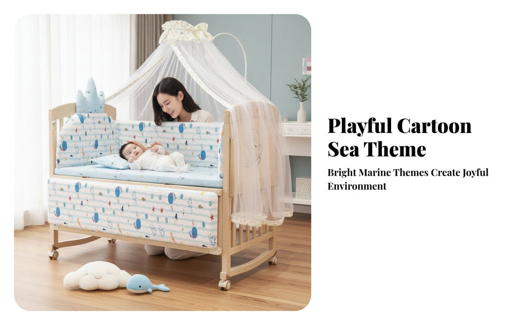 Slatted Wooden Crib Natural Wood Finish Wooden Baby Crib Multi-Functional Enclosed Base