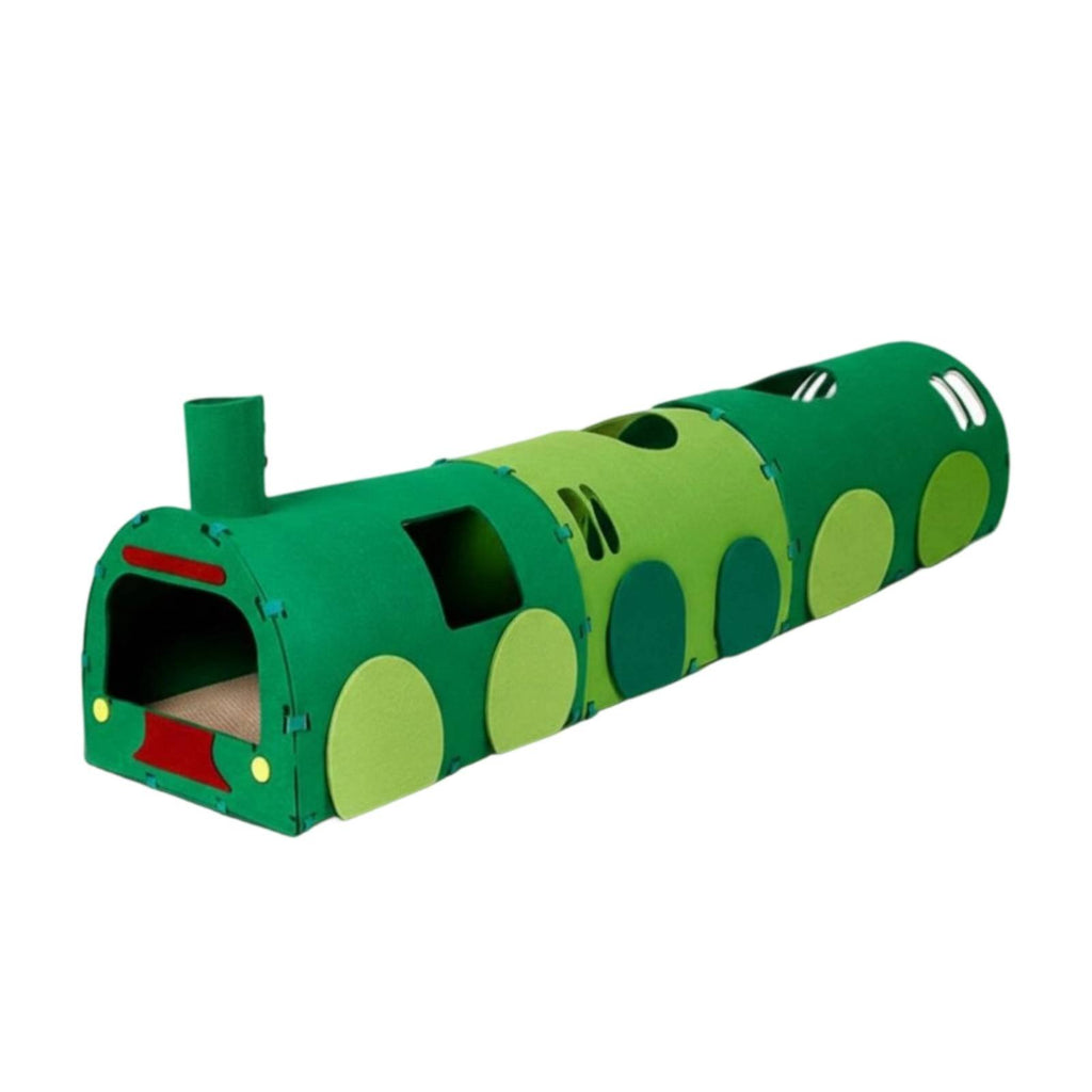 Train Shaped Cat Tunnel 2-in-1 Design Green Train Cat House Multi-Functional Kitten Playhouse for Multiple Cats