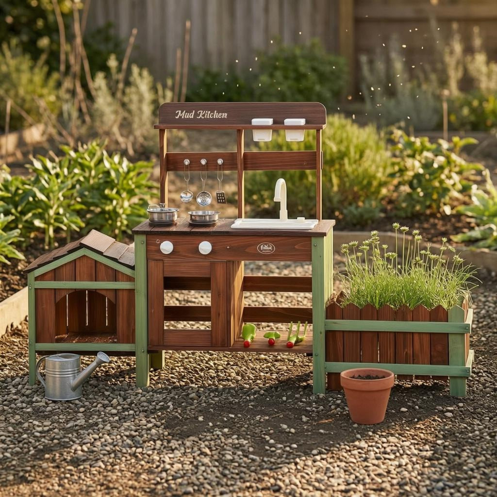 Wooden Outdoor-Pretend Kitchen Planter Box Wood-Look Play Kitchen Round Knobs Infant Toy