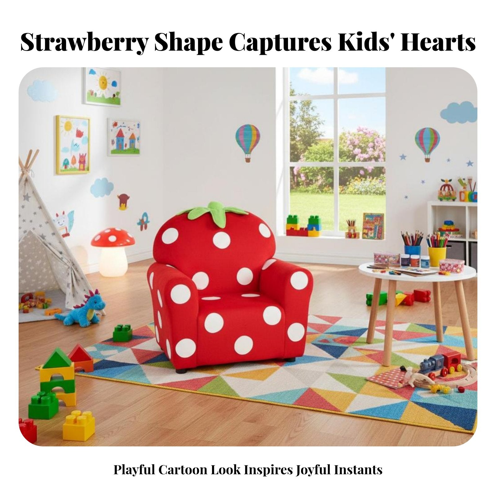 Strawberry-Shaped Chair Cartoon Design kids' Furniture Soft Upholstery Sturdy Frame for Girls, story Corner, Playroom, Bedroom