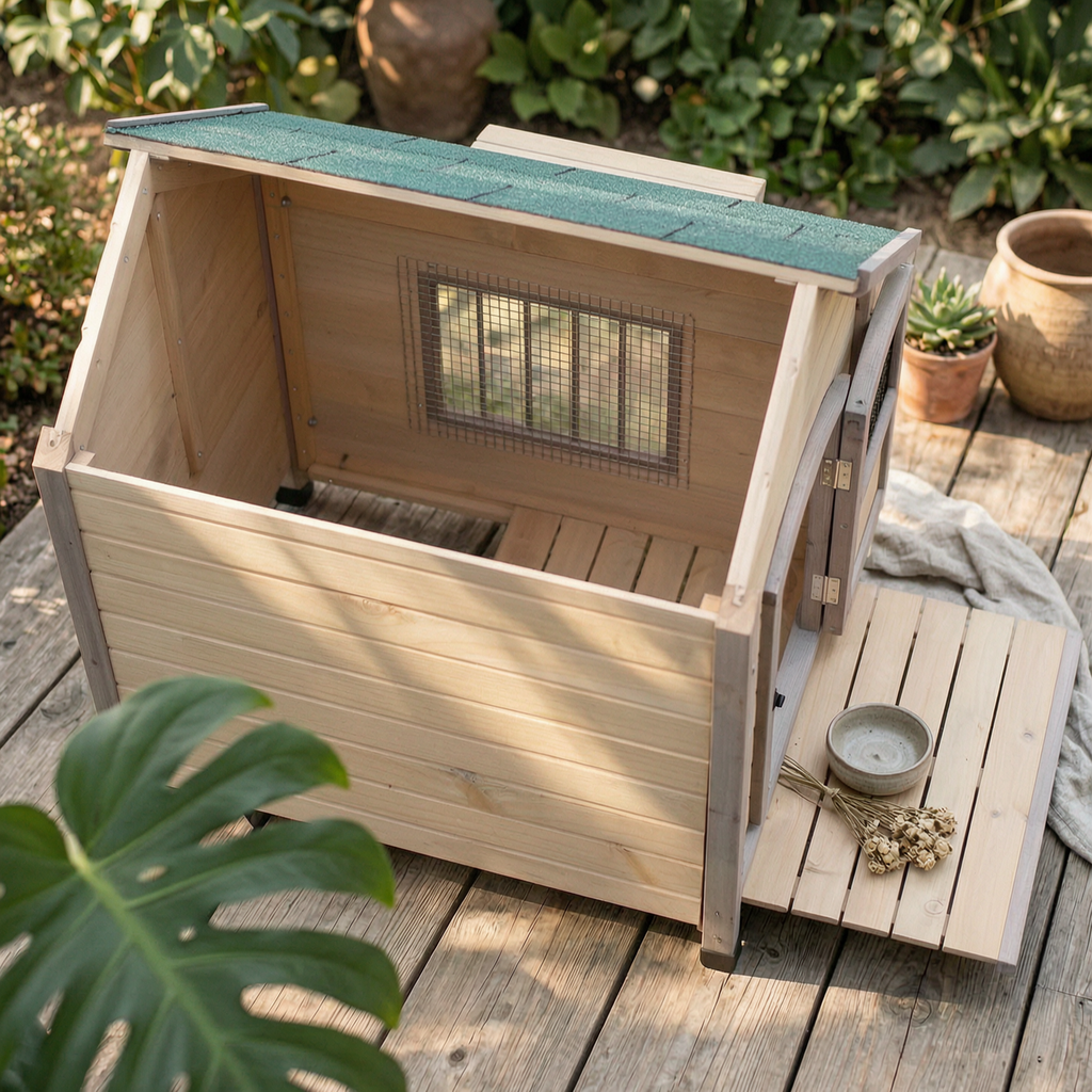 Wooden Dog House Hinged Awning Gabled Rooftop Dog House Slatted Construction for Indoor