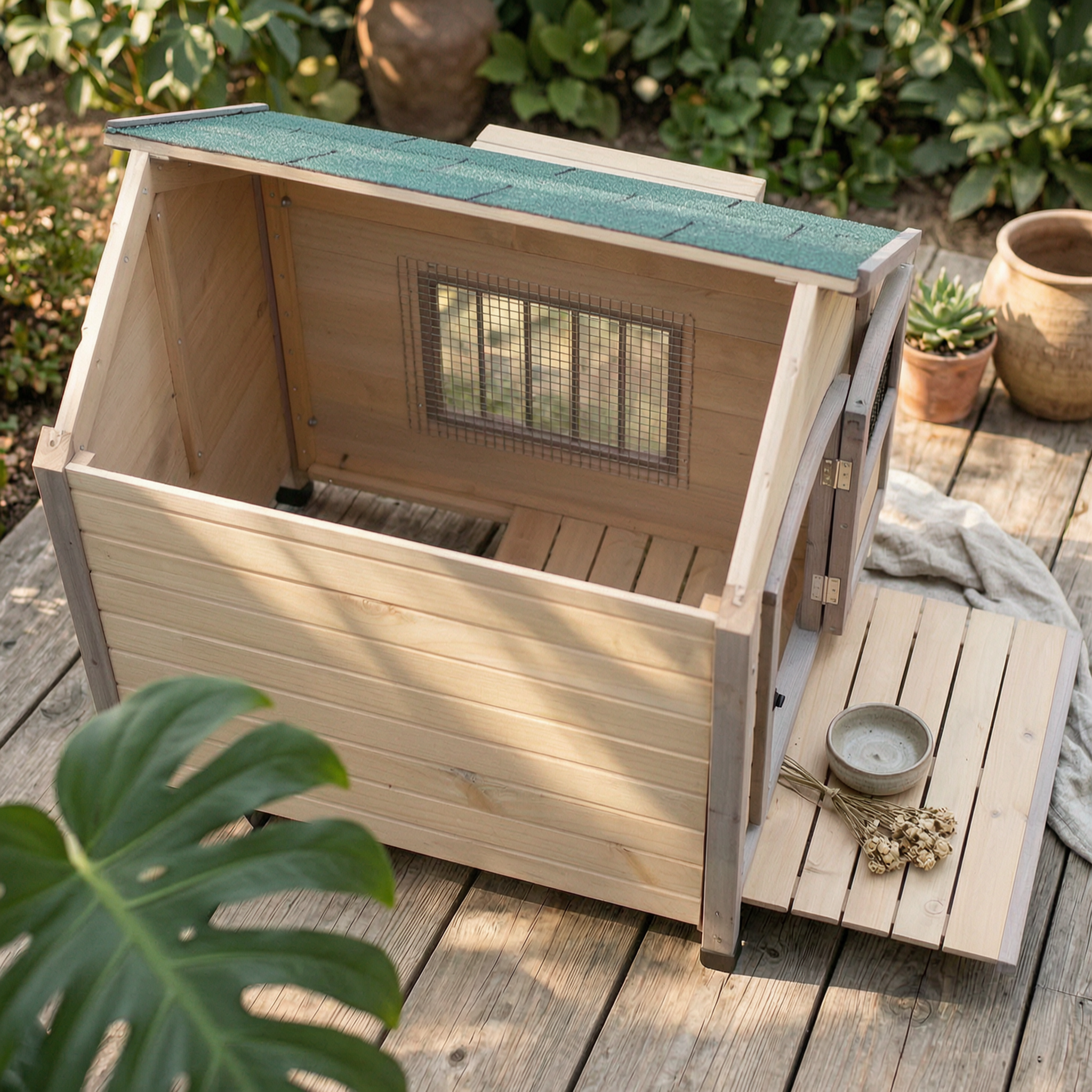 Wooden Dog House Hinged Awning Gabled Rooftop Dog House Slatted Construction for Indoor