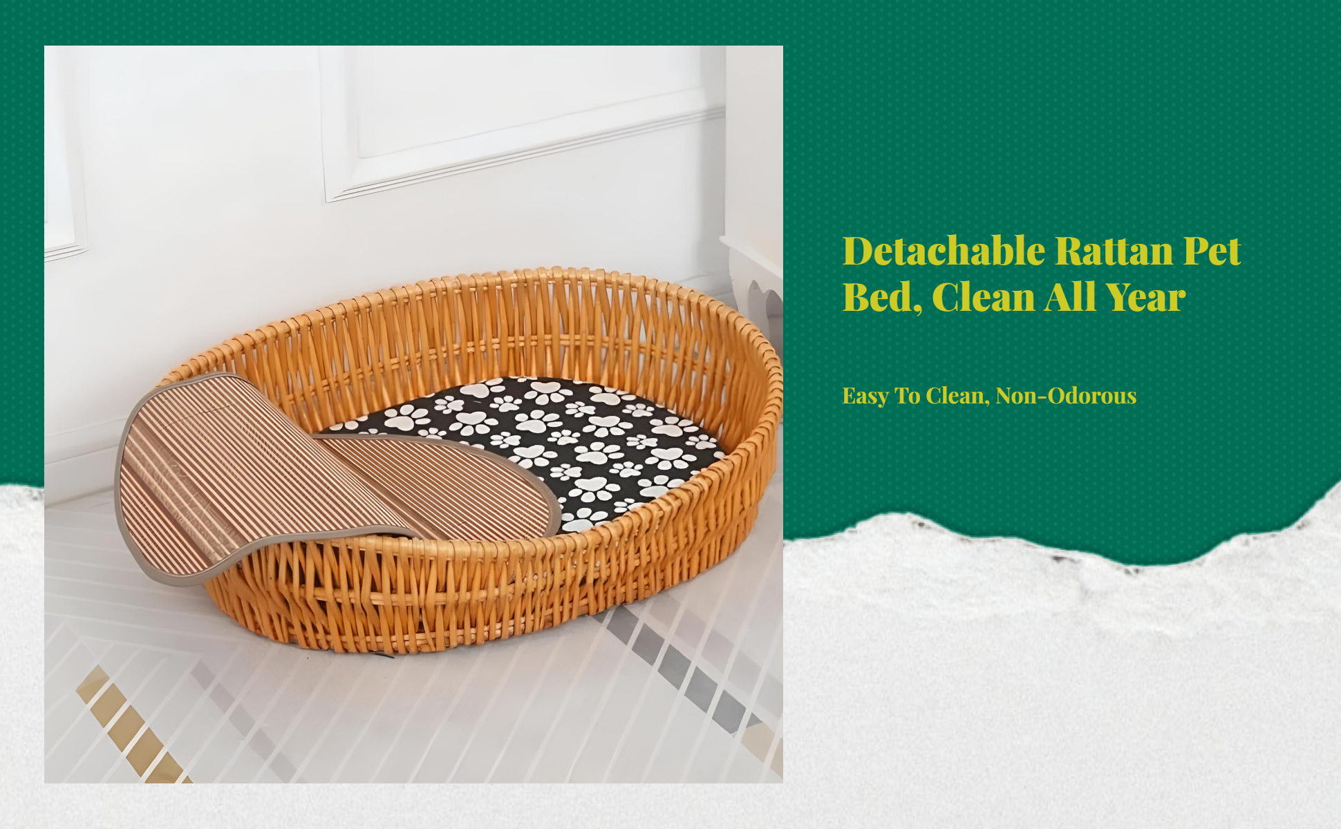 Rattan pet bed with removable, breathable pad