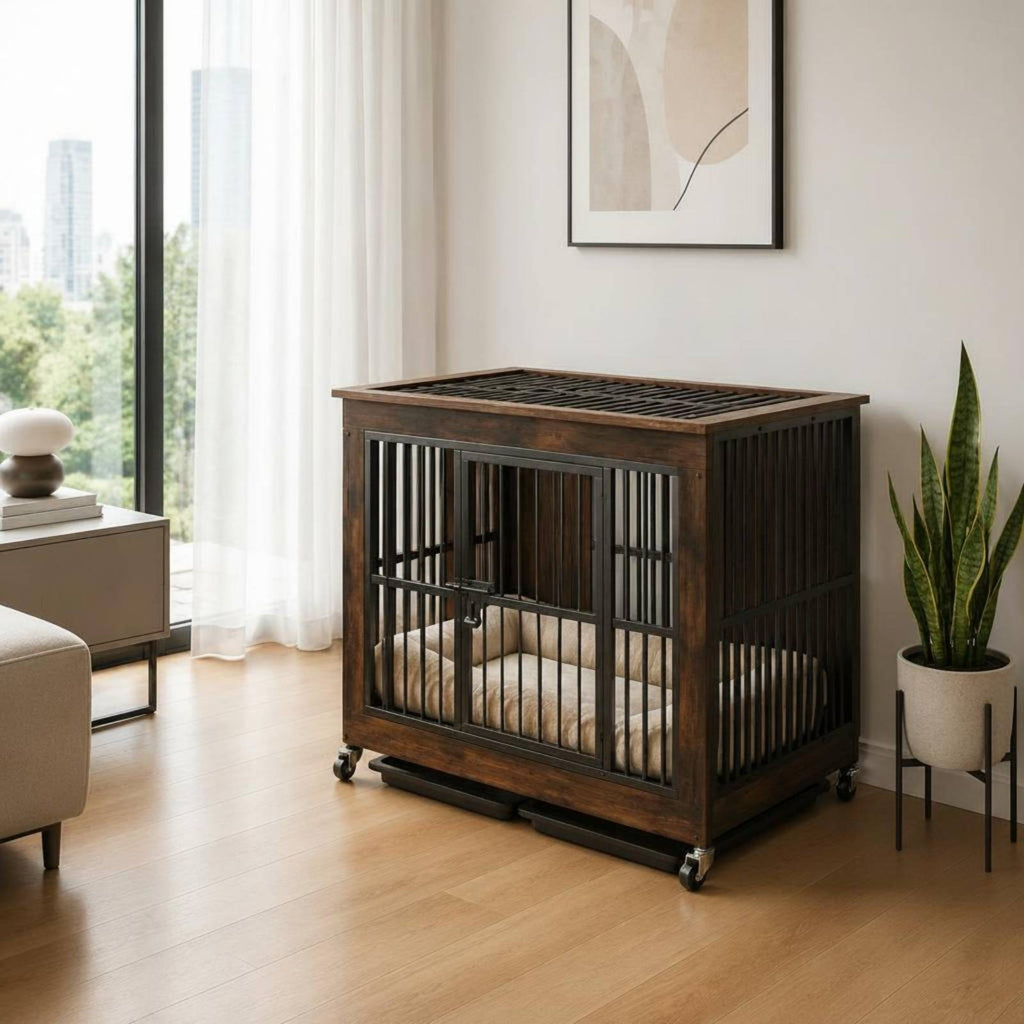 Dog Crate Furniture Space Saving Wood Metal Dog Crate Anti Getaway