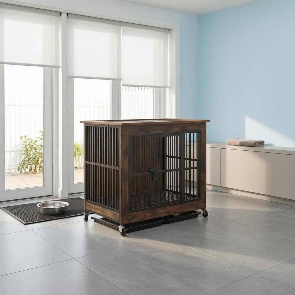 Dog Crate Furniture Space Saving Wood Metal Dog Crate Anti Getaway