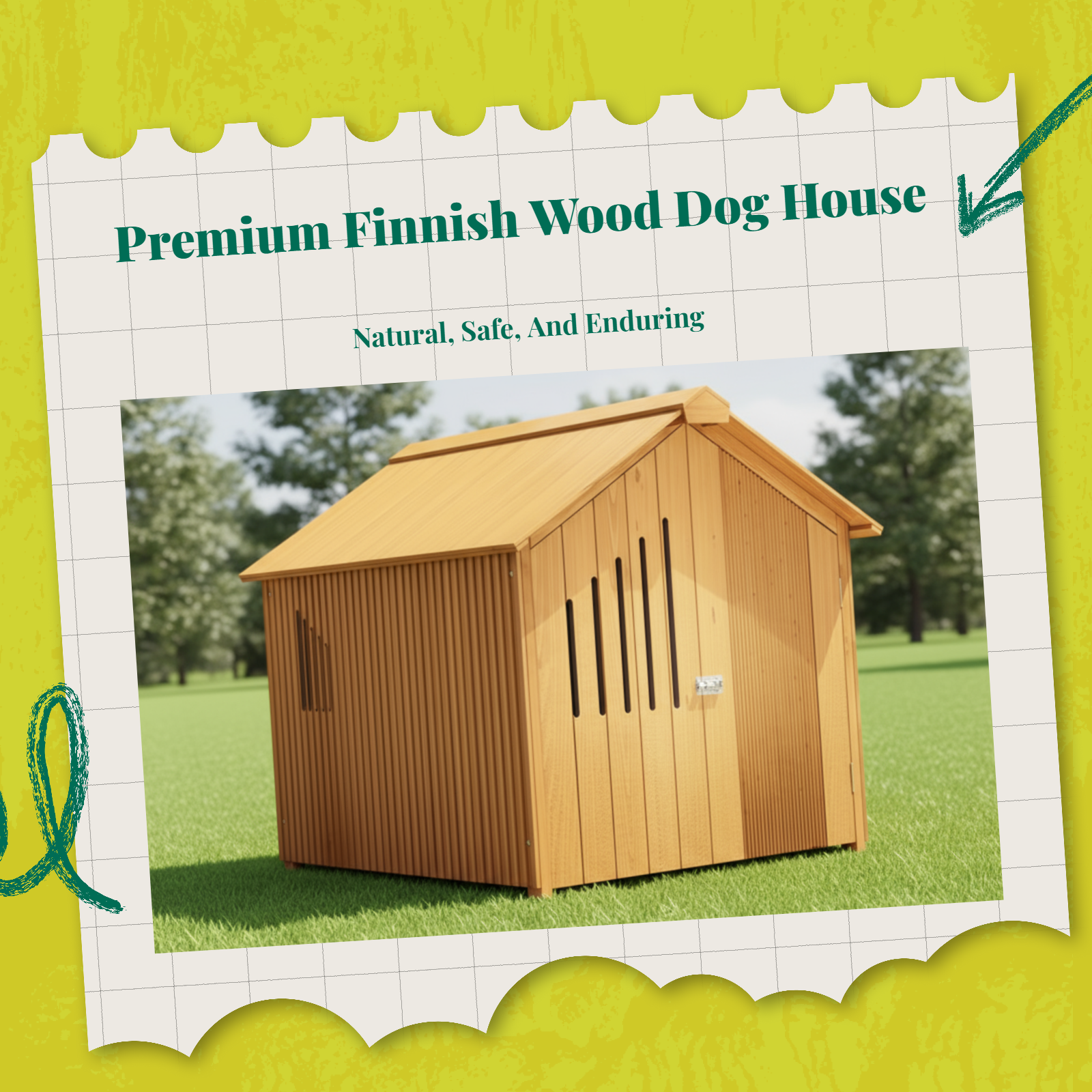 Insulated wooden dog house, raised floor
