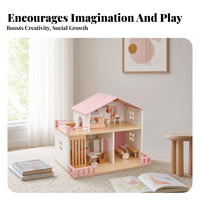 Wooden Dollhouse Balcony Railings Two-Story Dollhouse Realistic Details Children's Play Home
