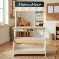 Wooden Pretend Market Stall Freestanding Wooden Market Stall Awning Top Toy Cashier Stand