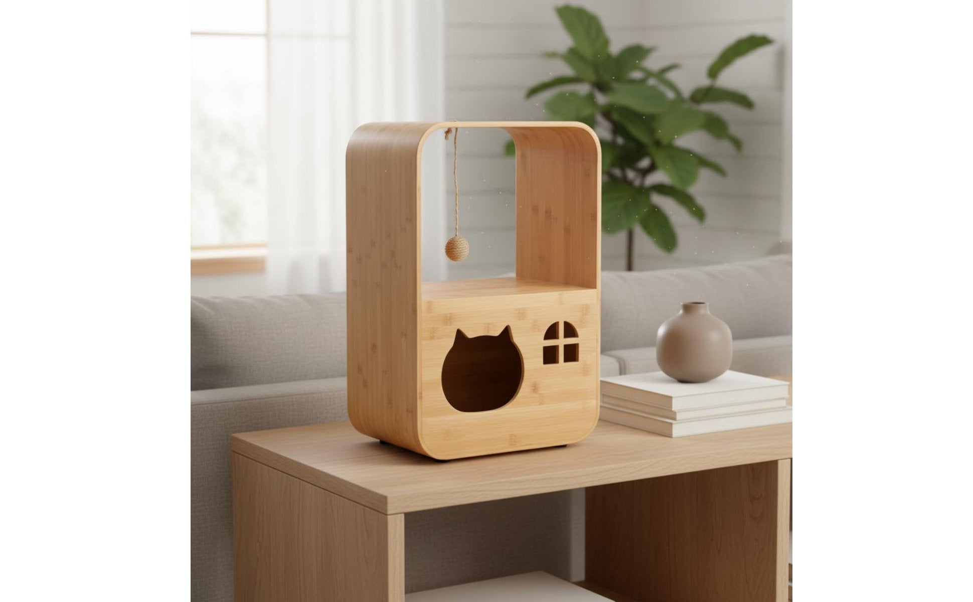 Wooden Cat House Cabinet 2-in-1 Cat Design Condo Cabinet Space-Saving Animal Furniture for Living Room
