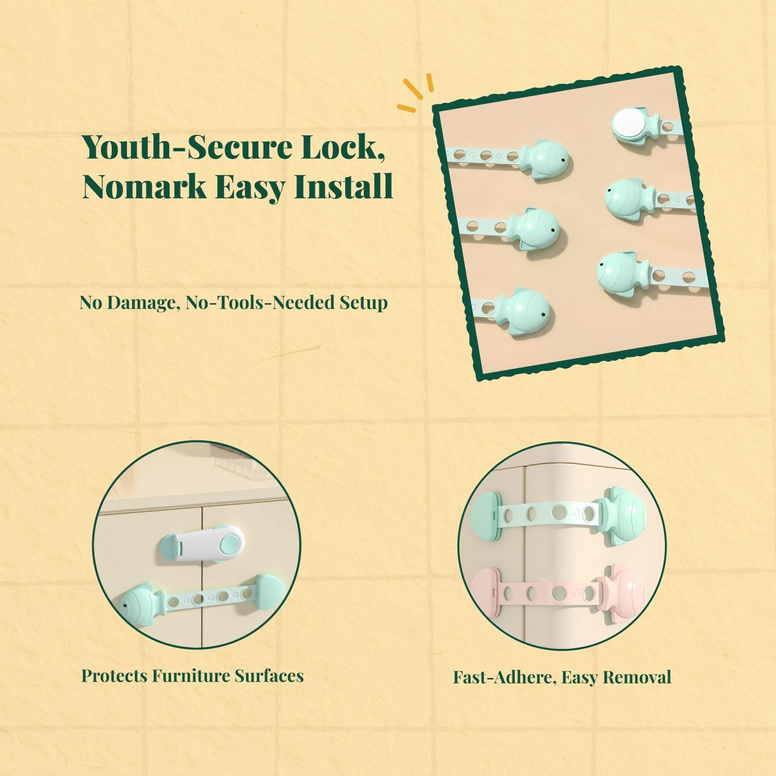Kid Security Lock, Adjustable Cabinet Drawer Lock, Infant Protection, Screwless, Easy Installation, Multi-Purpose for Doors, Closets, Sliding Cabinets