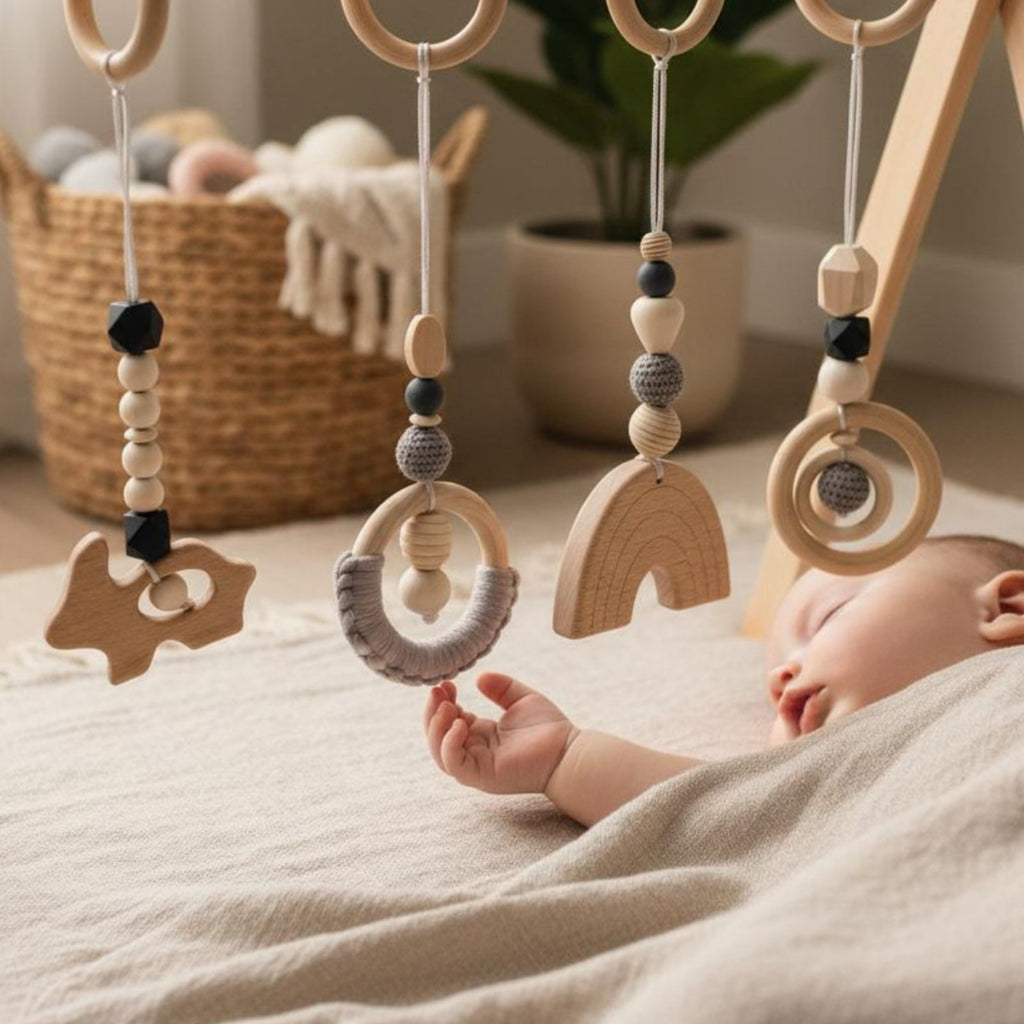 4 Pieces Wooden Baby Gym Toy Set Rainbow Wooden Infant Activity Gym for Crib