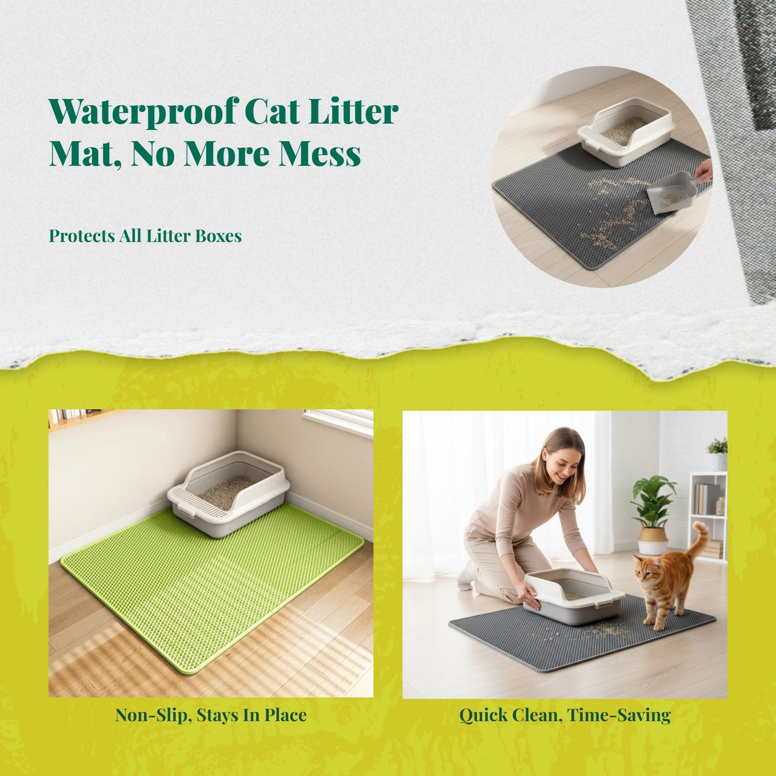 Water-resistant hex mat protects floors.