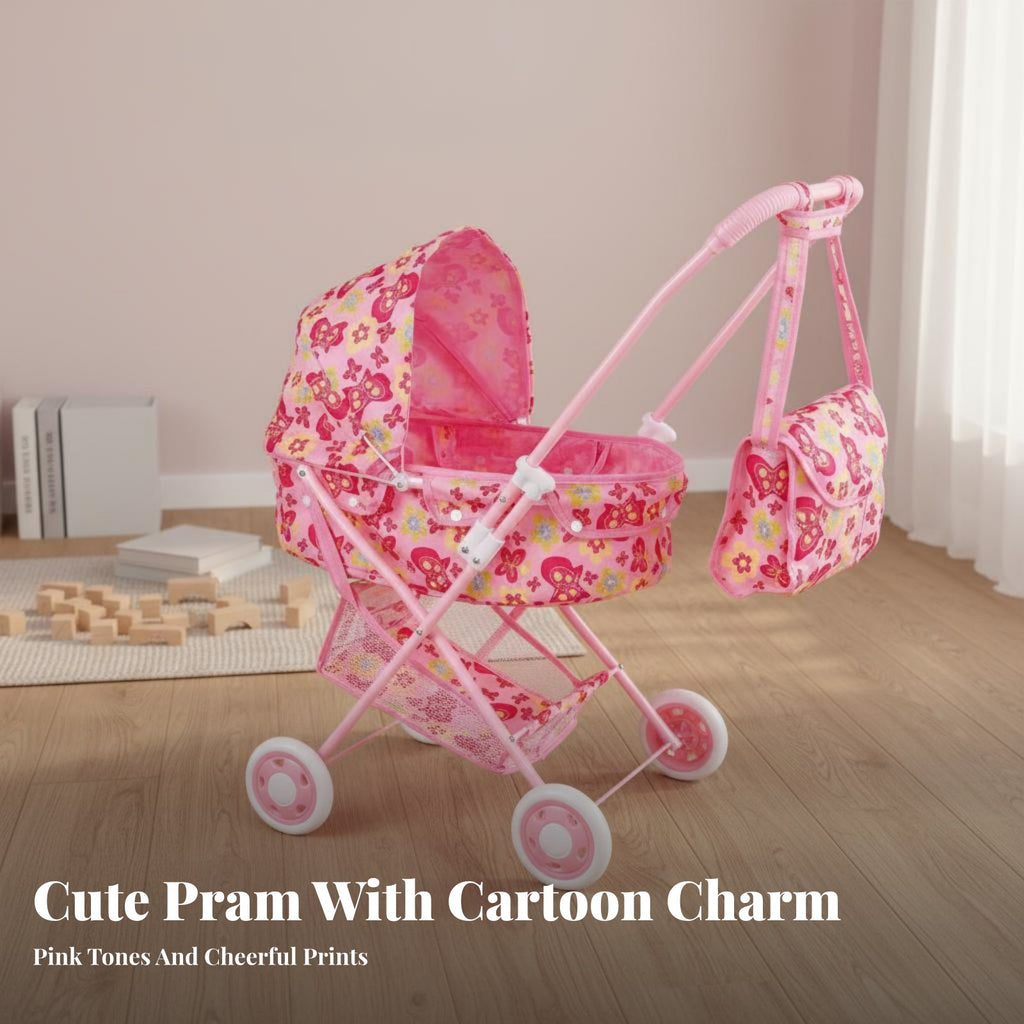 Doll Baby Carriage Realistic Design Foldable Doll Pushcart Toy Pram Child Safe Play Pushcart Lightweight for Young Children