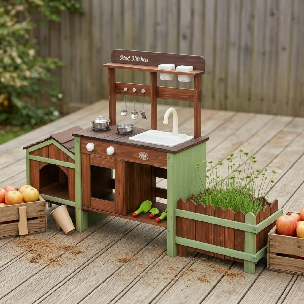 Wooden Outdoor-Pretend Kitchen Planter Box Wood-Look Play Kitchen Round Knobs Infant Toy