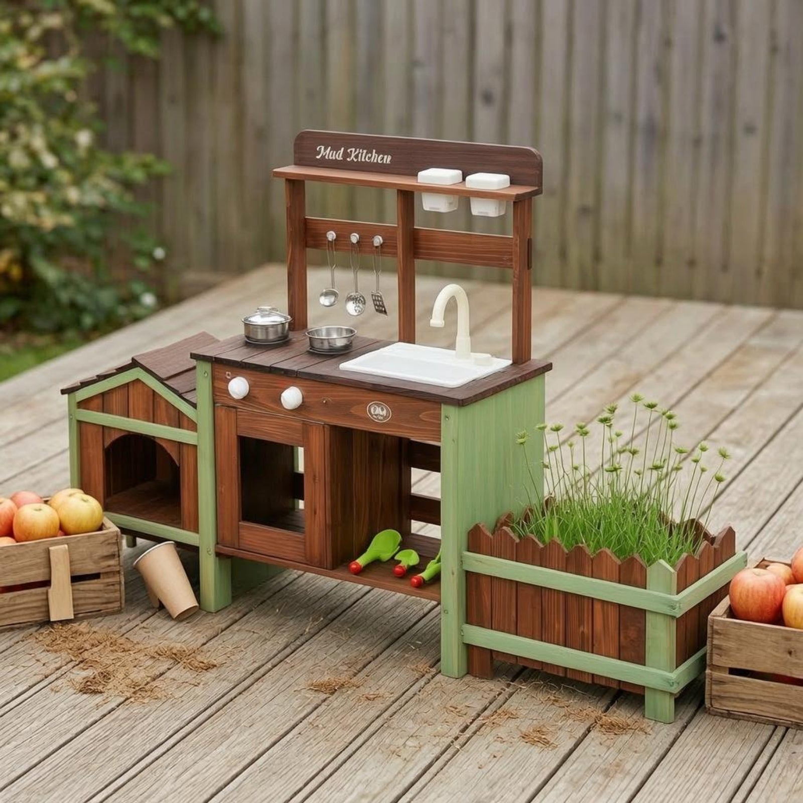 Wooden Outdoor-Pretend Kitchen Planter Box Wood-Look Play Kitchen Round Knobs Infant Toy