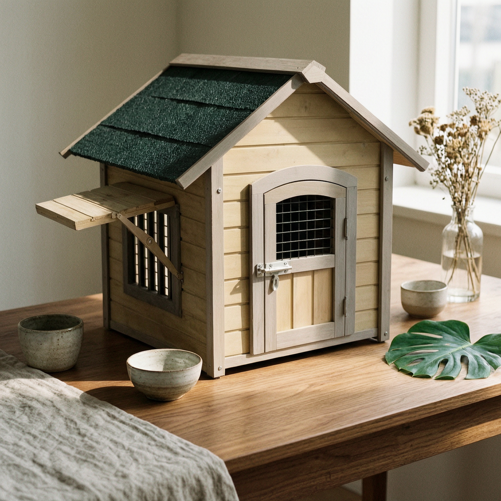 Wooden Dog House Hinged Awning Gabled Rooftop Dog House Slatted Construction for Indoor