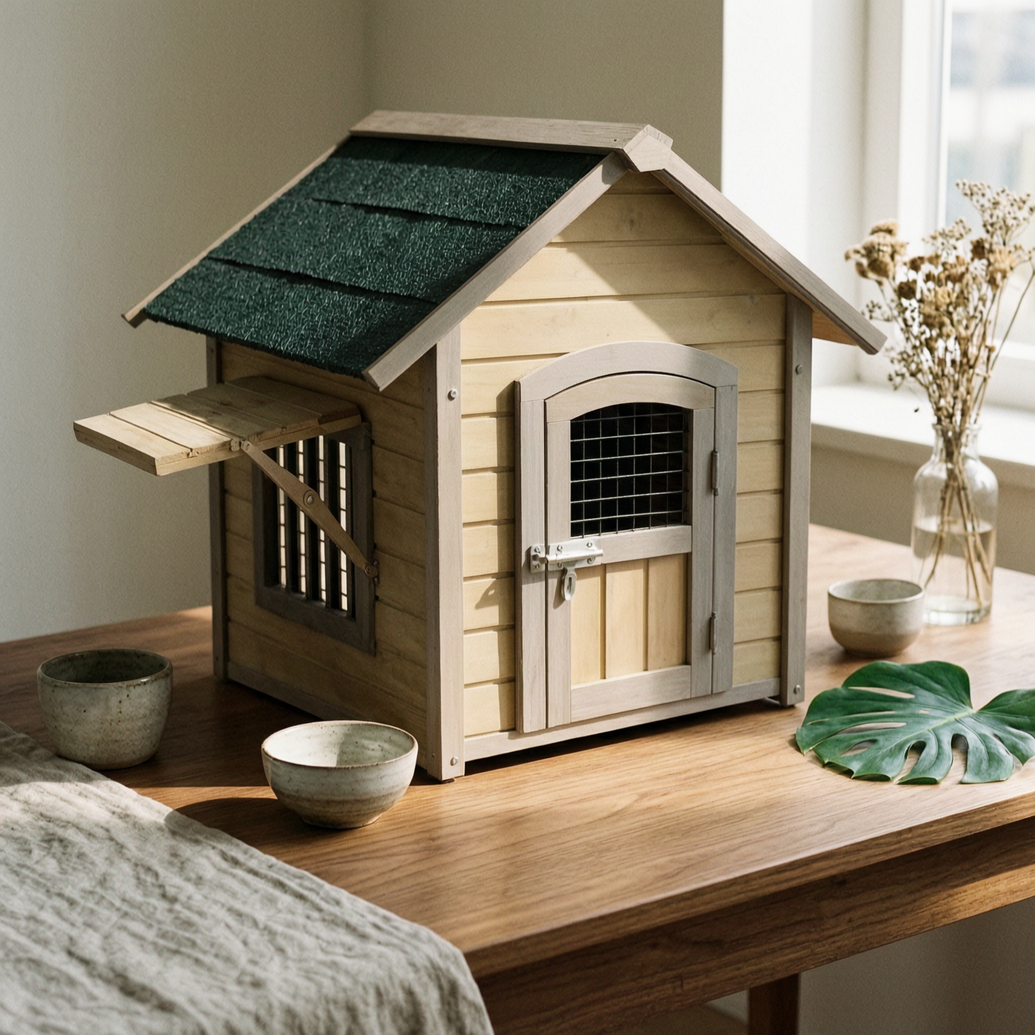 Wooden Dog House Hinged Awning Gabled Rooftop Dog House Slatted Construction for Indoor