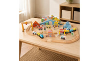 Electric Toy Train Set Educational Wood Train Track and Buildings Set Imaginative Play Wooden Railway Playset for Young Children, Playroom, Preschool