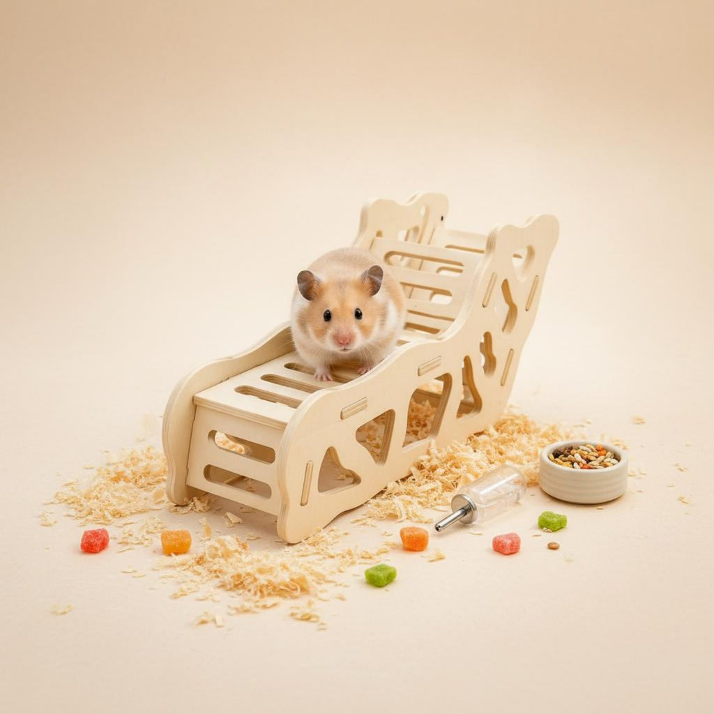 Wooden Hamster Ramp Uncovered Top Climbing Stairs Polished Finish for Hamsters