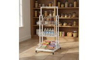 Mobile Snack Display Stand Large Capacity Multi-Tier Floor Standing Shelf 3-Tier Rolling Storage Cart Sturdy Duty for Bedroom