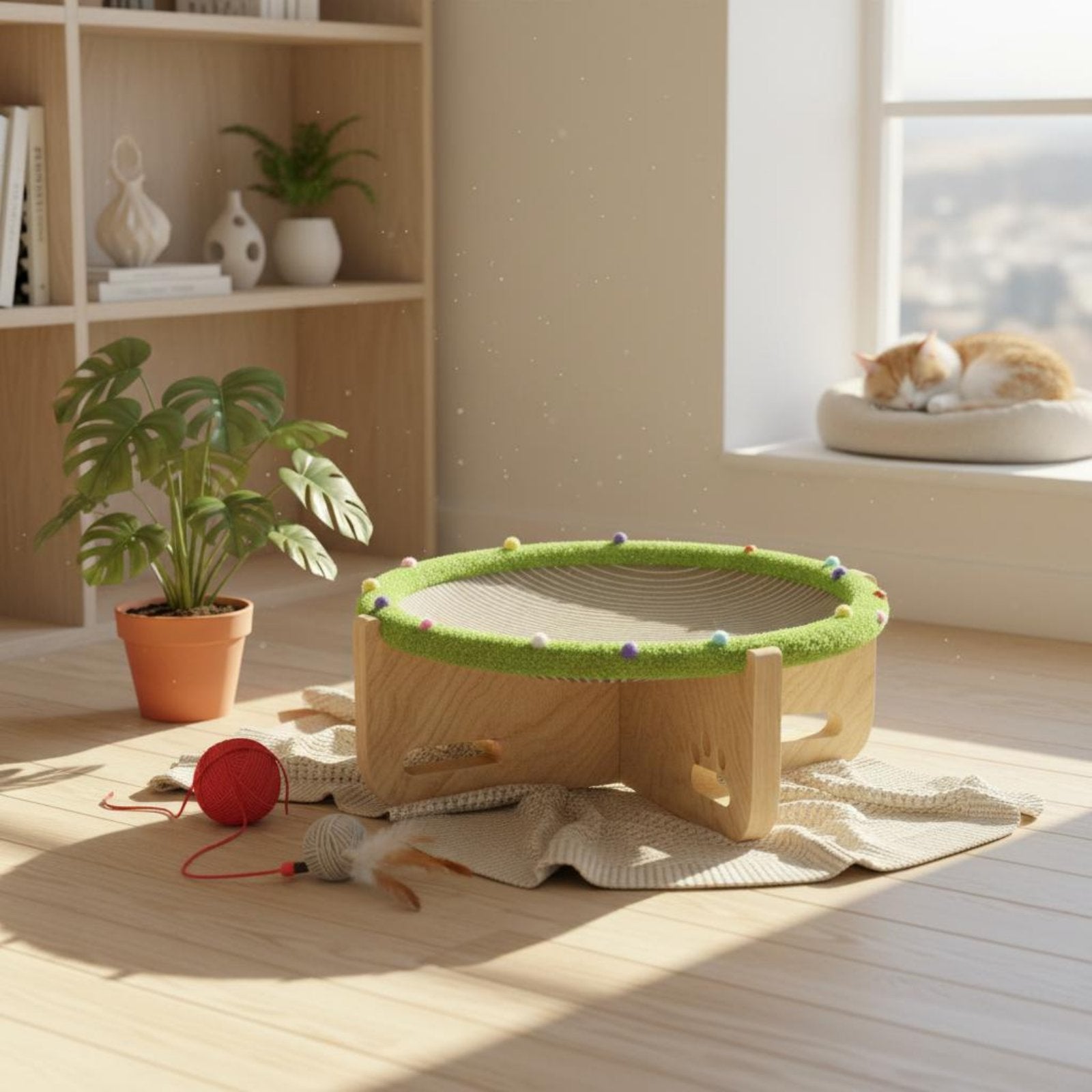 Raised Pet Bed with Scratcher All Seasons Use Elevated Cat Hammock Wooden Cat Lounge Bed for Cats, Kittens, Indoor