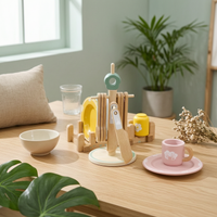Wooden Dinnerware Set Pastel Painted Play Tableware Set Smooth Rounded Edges Wooden Kitchen Accessories for Kids