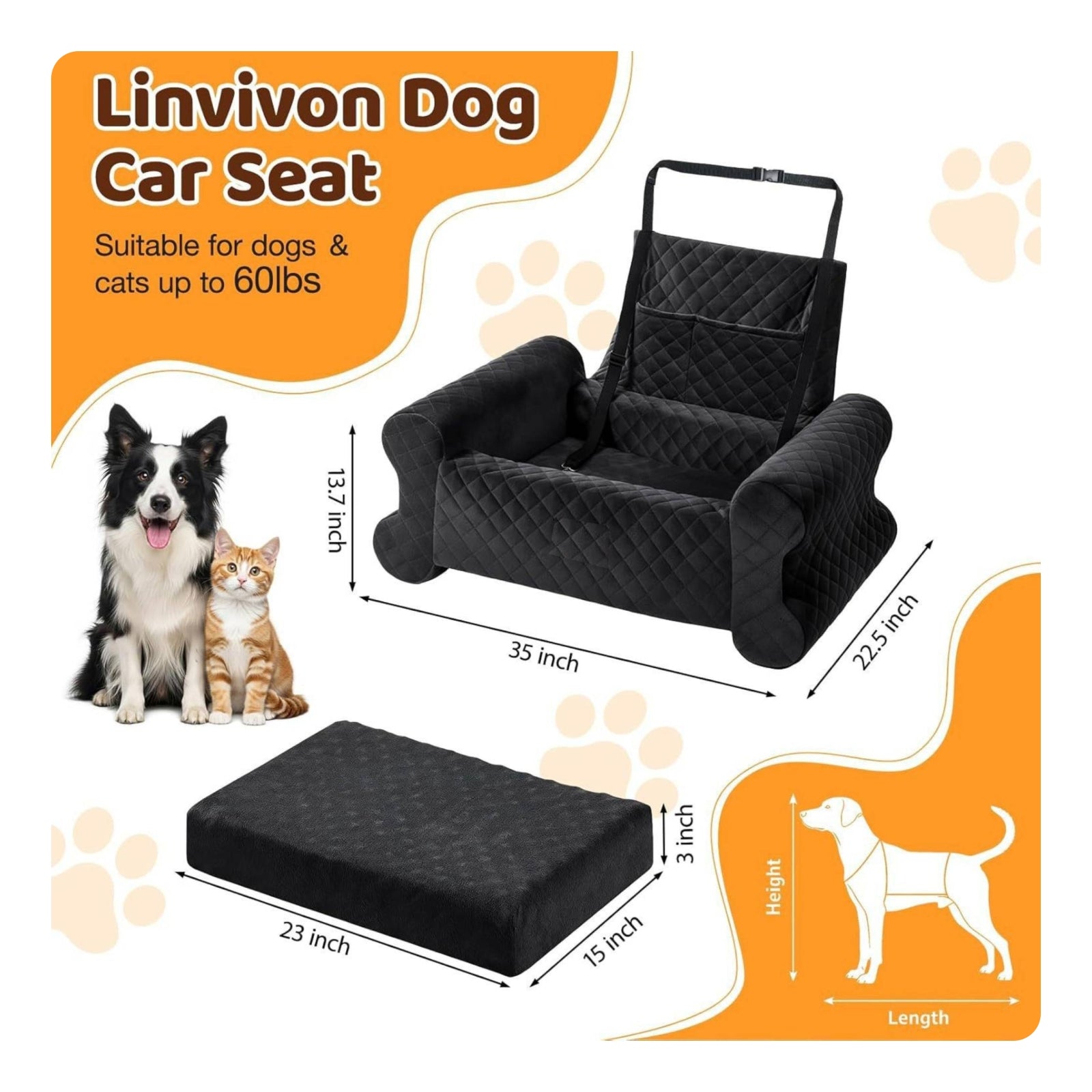 Dog Car Booster Bed Removable Washable Cover Puppy Vehicle Pet Bed Thick Seatbelt Straps Lookout Booster for Road Trips