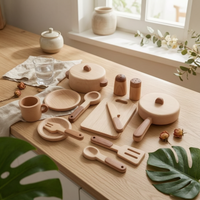 15 Pieces Pretend Play KitchenSet Brown Accents Wooden Cookware Playset Smooth Rounded Edges Kids Cooking Playset for Children