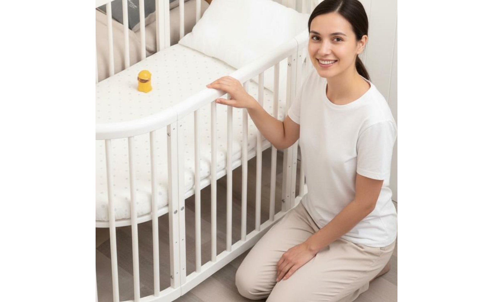 Grows with Your Child Convertible Oval Crib Extendable Design Toddler Table and Chair Set Space Saving Bedside Sleeper Bassinet for Toddlers, Bedroom