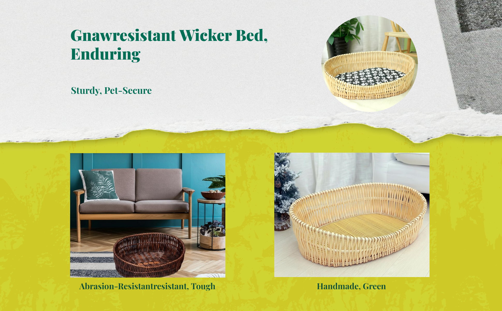 Rattan pet bed with removable, breathable pad