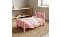 Pink Wooden Doll Bed Curved Headboard Pretend Play Bed Four-Post Small Furniture Strawberry and Rabbit Print for Children