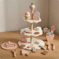 Wooden Dessert Stand Toy Rounded Edges Pretend Tea Time Set Printed Details