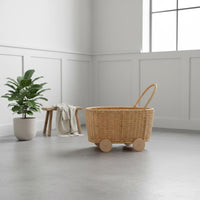 Rattan Toy Cart Handwoven Toy Storage Push Cart Boho Design for Children