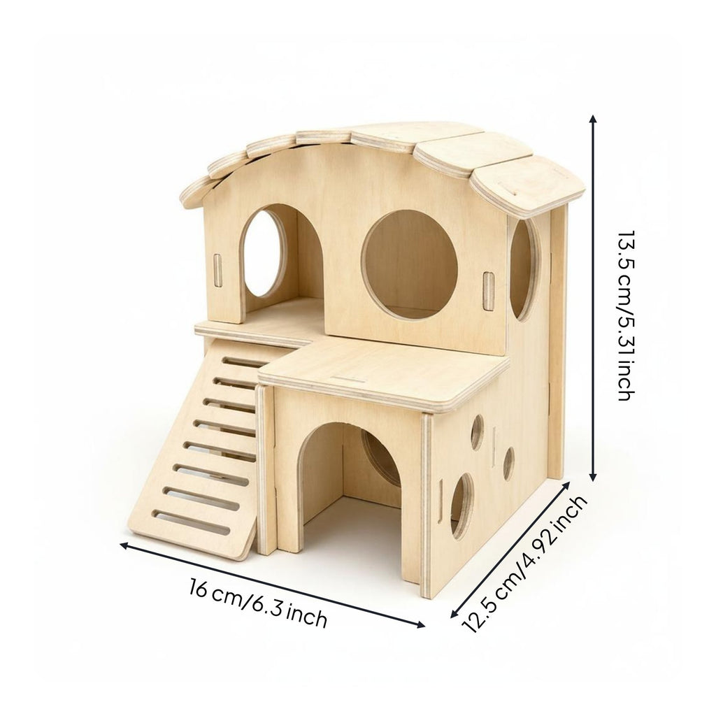 Double-Decker Hamster House Multi-Functional Stairs Wooden Pet Hut Natural Wood