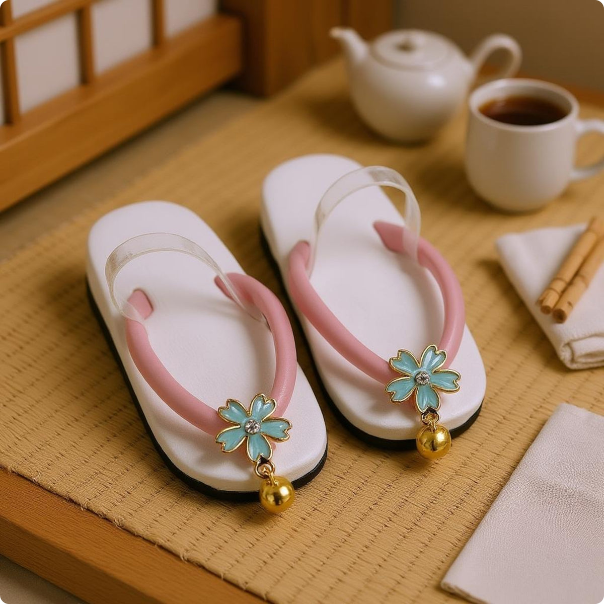 Japanese-Style Doll Sandals Flower Ornament Flat Open-Toe Doll Sandals Golden Chime Charm Toy Accessory