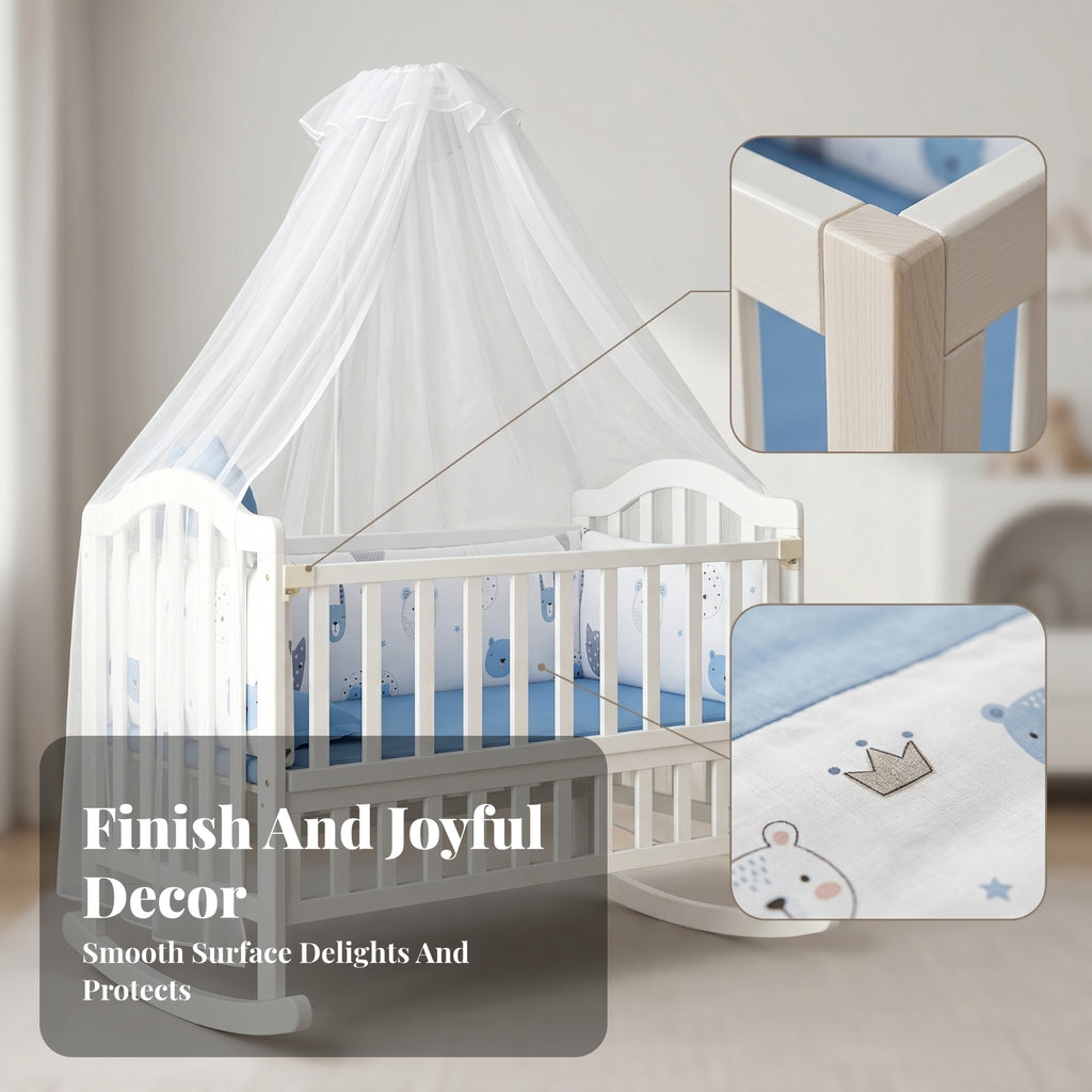 Bug Net Canopy Nursery Rocking Cradle Caster Wheels Rocking Cradle Padded Mattress for Babies, Toddlers