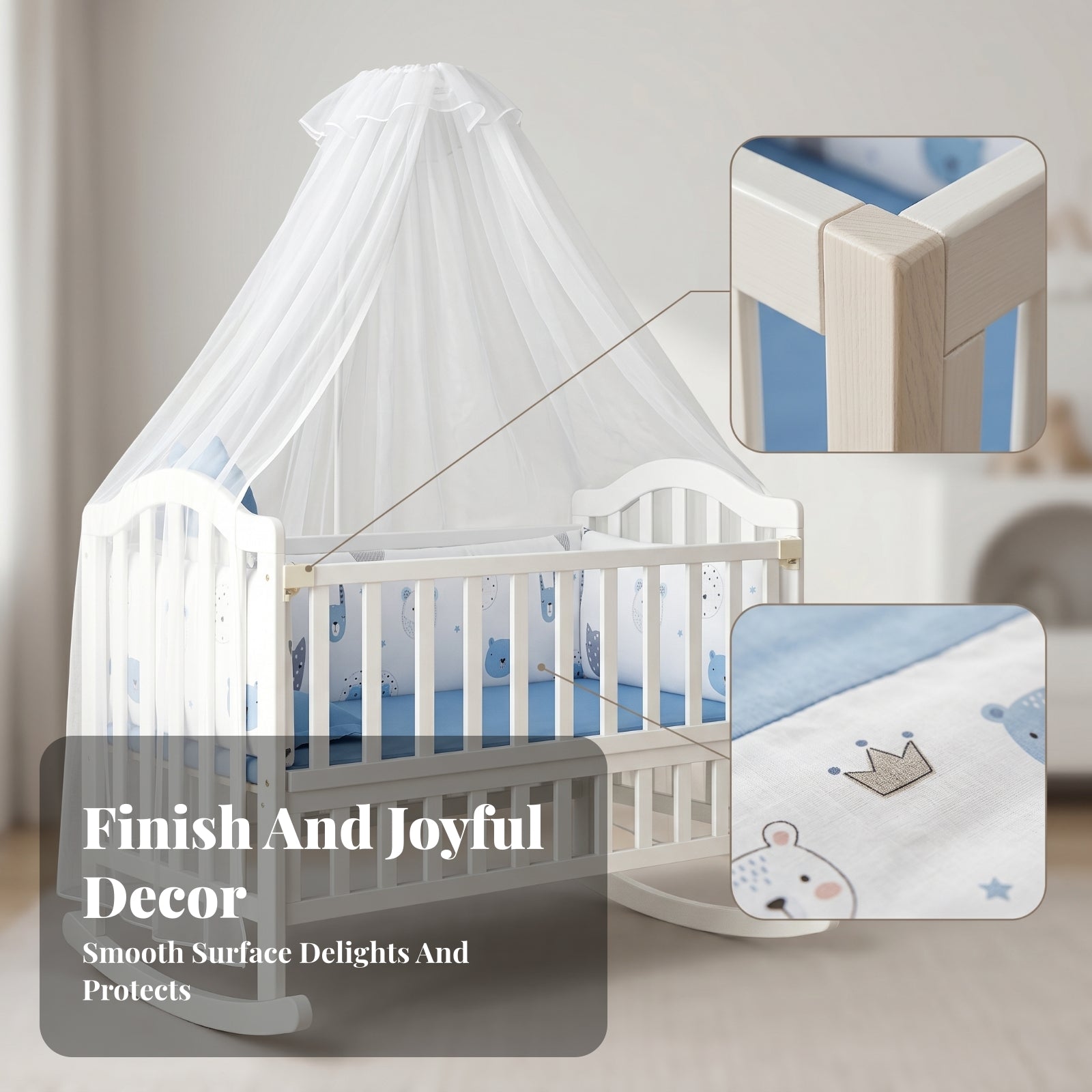 Bug Net Canopy Nursery Rocking Cradle Caster Wheels Rocking Cradle Padded Mattress for Babies, Toddlers