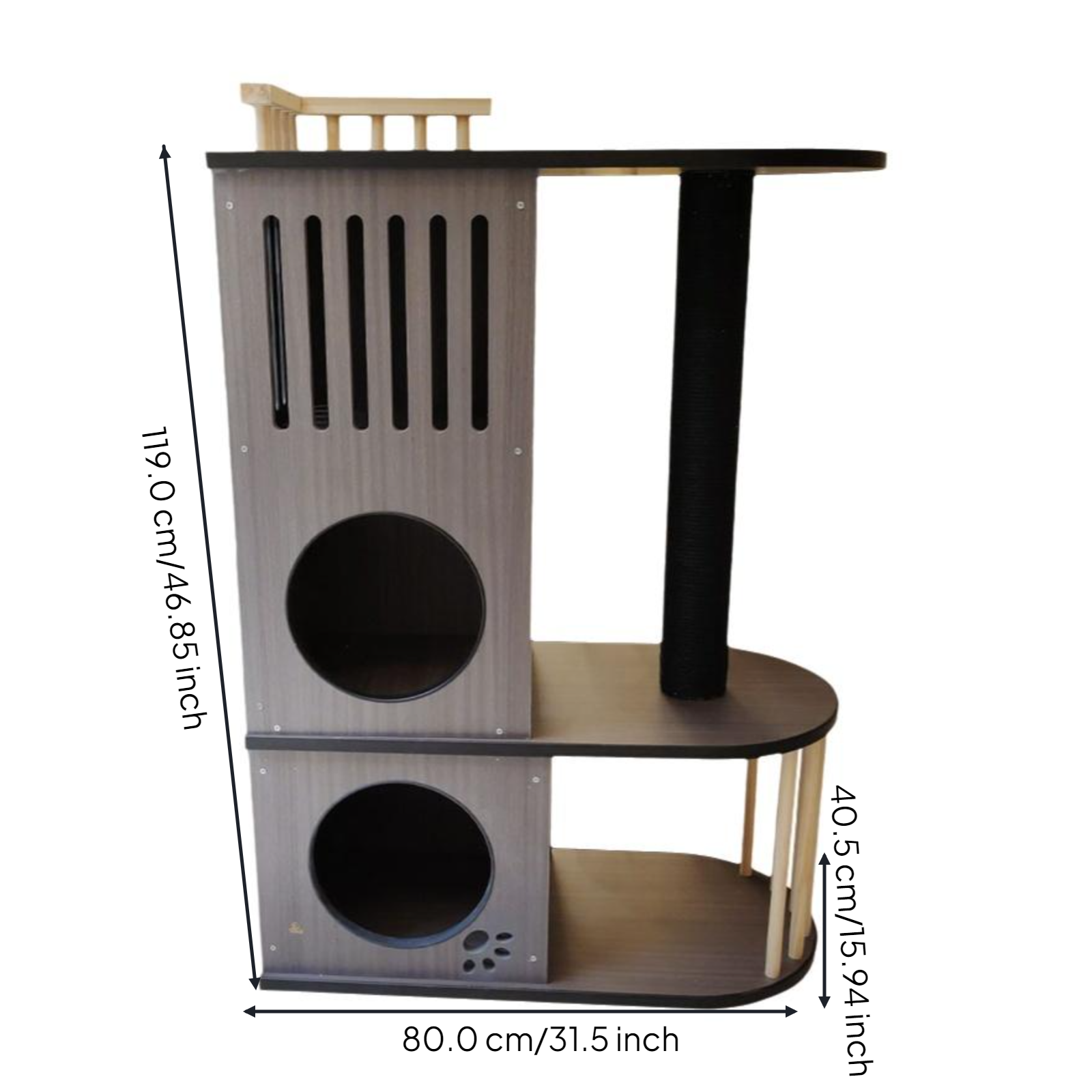 Cat tree with condo, scratching post, and rest area