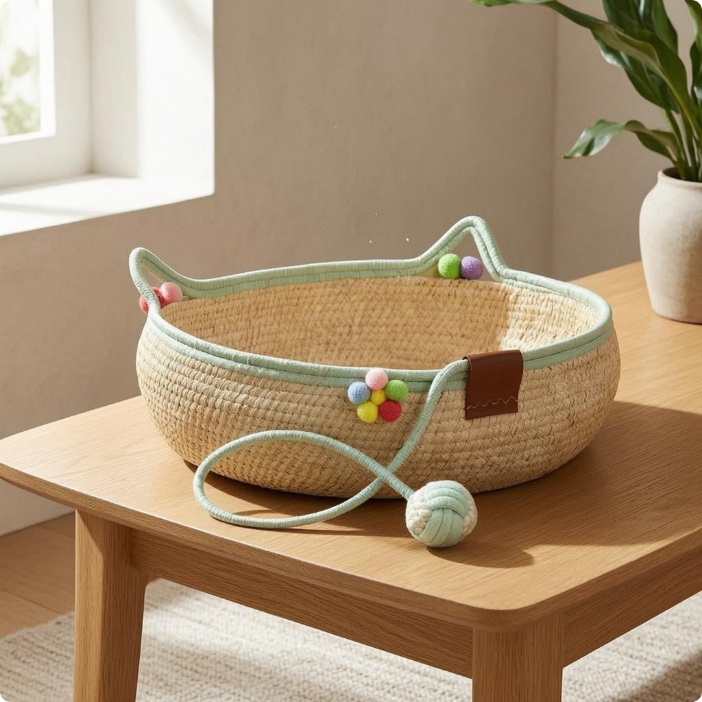 Round Woven Kitten Bed Scratch-Resistant Braided Rope Kitten Bed Scratchable