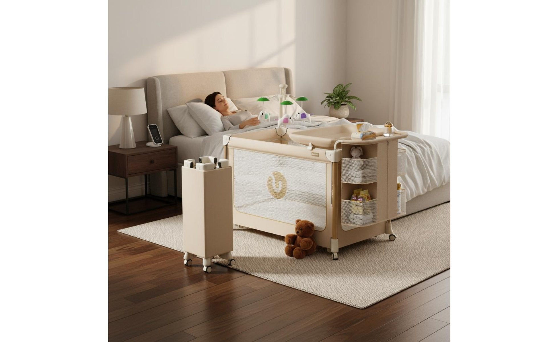 Multifunctional Baby Crib Adjustable Height Rolling Baby Bassinet for Newborns