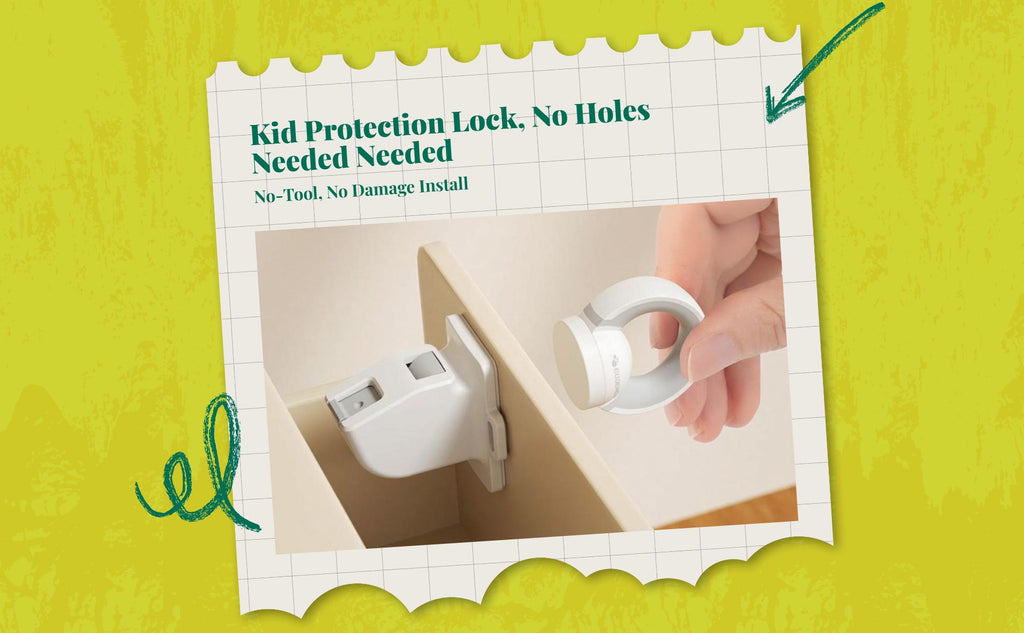 Attractive toddler childproof locks, discreet toddler protection cabinet fasteners, no-drill sticky backing for drawers, cupboards, kitchen, and home.