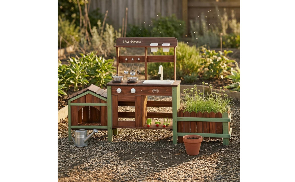 Wooden Outdoor-Pretend Kitchen Planter Box Wood-Look Play Kitchen Round Knobs Infant Toy