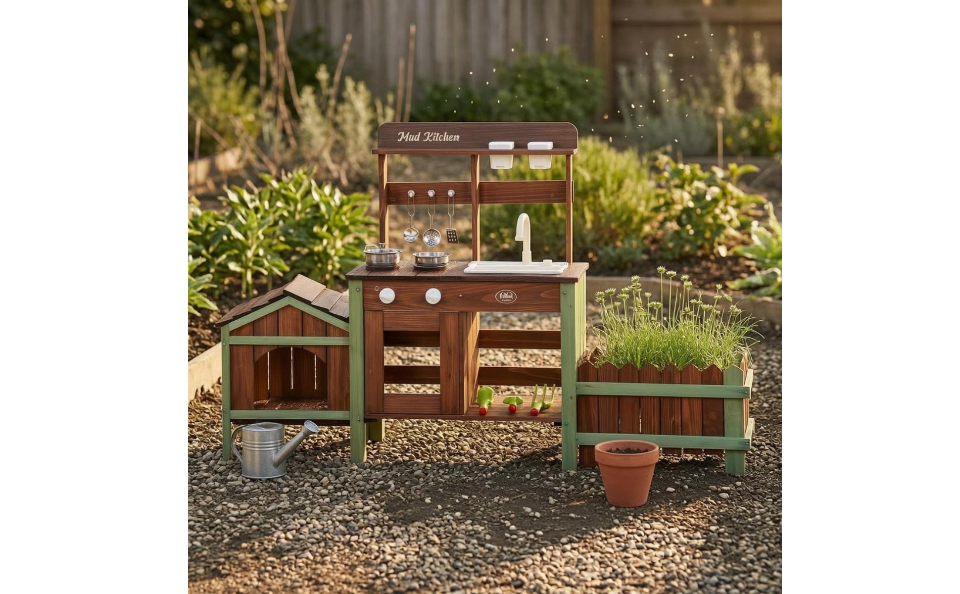 Wooden Outdoor-Pretend Kitchen Planter Box Wood-Look Play Kitchen Round Knobs Infant Toy