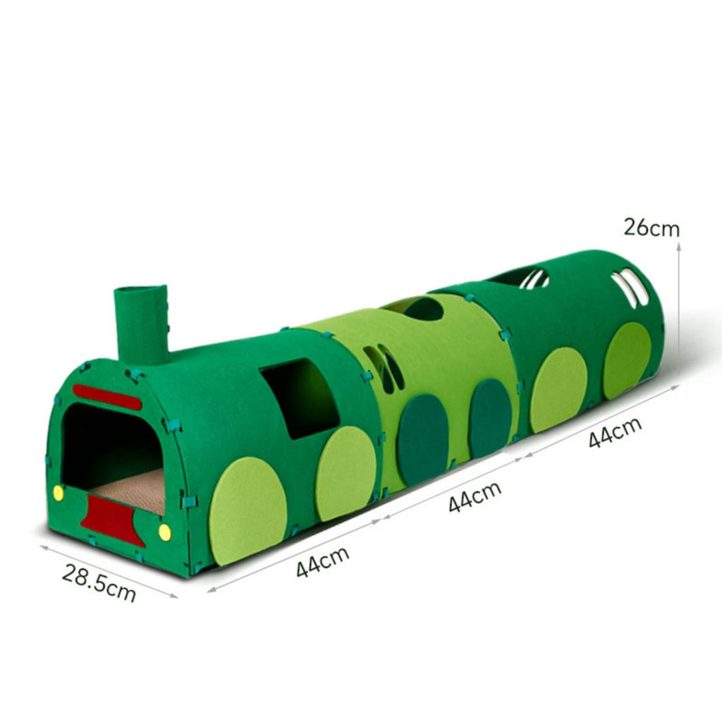 Train Shaped Cat Tunnel 2-in-1 Design Green Train Cat House Multi-Functional Kitten Playhouse for Multiple Cats