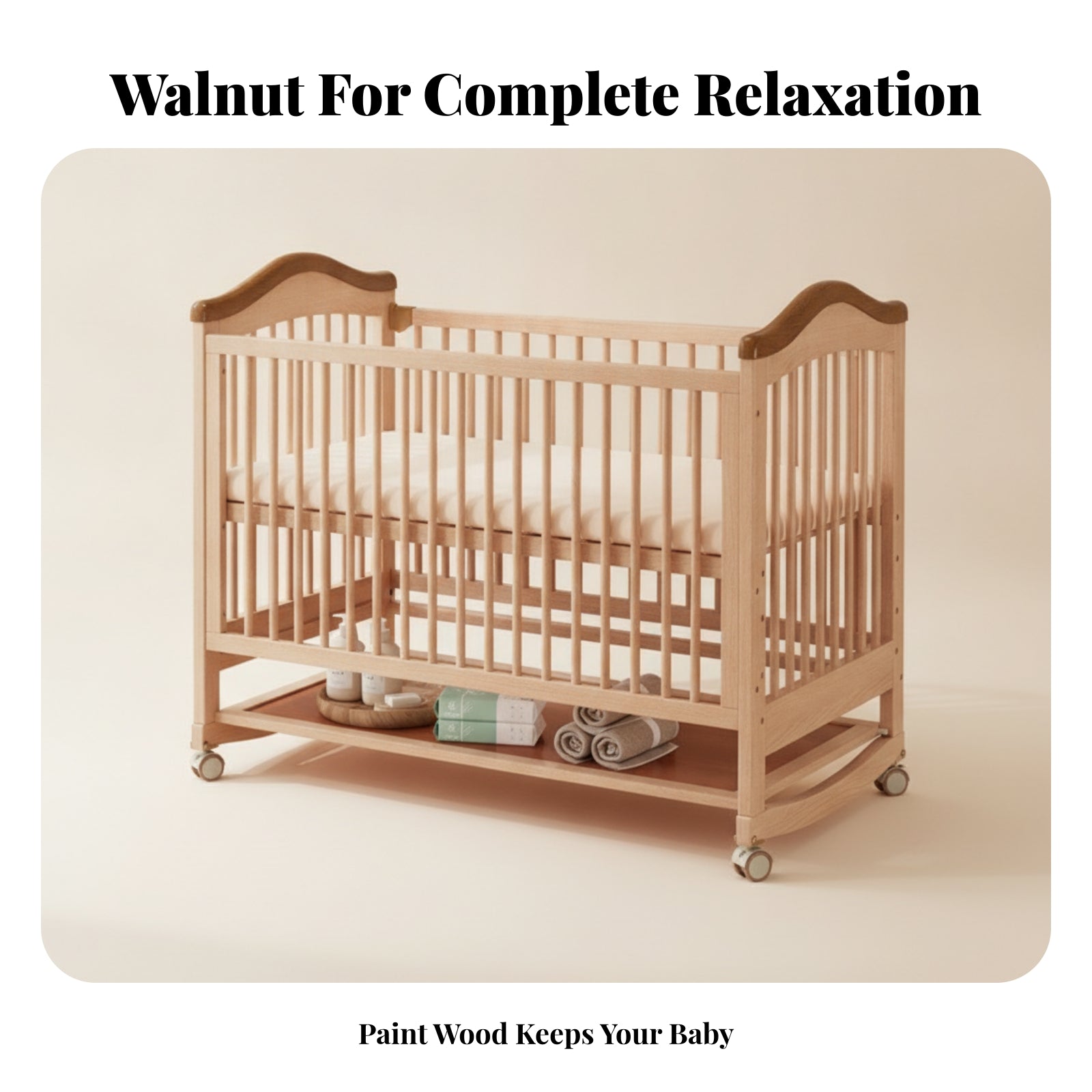 Sleeping Cot Caster Wheels Rounded Edges Movable Baby Crib Lockable Casters Adjustable Wooden Crib