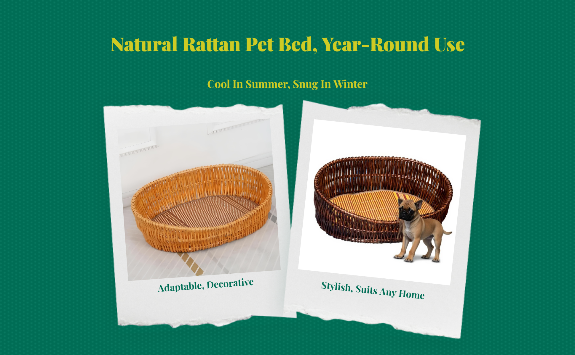 Rattan pet bed with removable, breathable pad